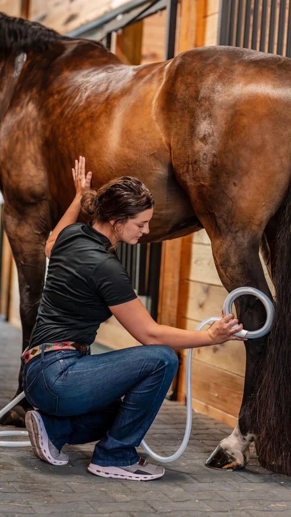A woman using the MagnaWavePEMF Butterfly Loop on her horse's left hind leg