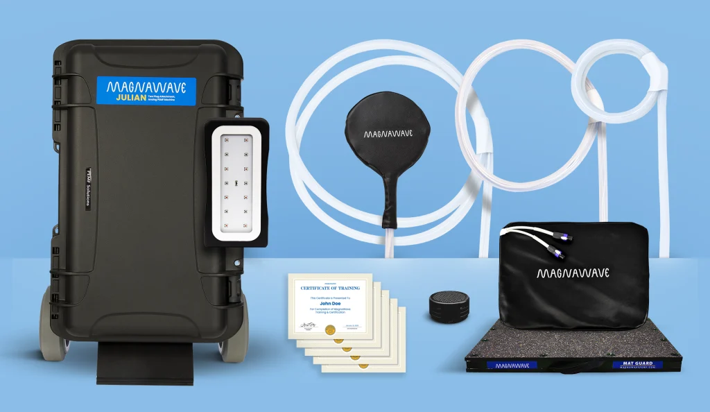 MagnaWavePEMF products Julian, ROC Red Light, Zoom Paddle, XL Wave Wings, Large Loop, Butterfly Loop, Mag Energy Mat, and Mat Guard with training certificates for MagnaWavePEMF certified practitioners, all part of a bundle