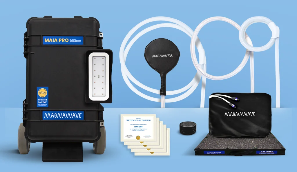 MagnaWavePEMF products Maia Pro, ROC Red Light, XL Wave Wings, Large Loop, Butterfly Loop, Mag Energy Mat, and Mat Guard with training certificates for MagnaWavePEMF certified practitioners, all part of a bundle