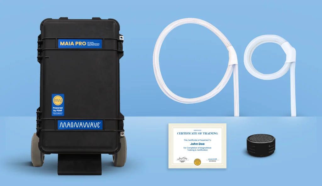 MagnaWavePEMF products Maia Pro, Large Loop, and Butterfly Loop with training certificates for MagnaWavePEMF certified practitioners, all part of a bundle