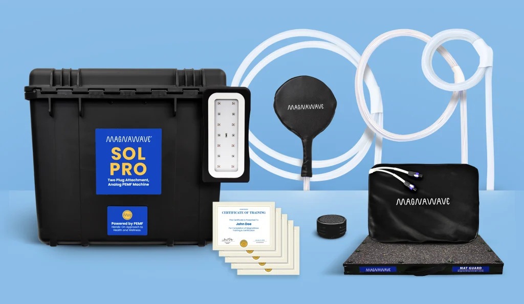 MagnaWavePEMF products Sol Pro, ROC Red Light, Mag Energy Mat, Mat Guard, XL Wave Wings, Large Loop, and Butterfly Loop attachment with training certificates for MagnaWavePEMF certified practitioners, all part of a bundle