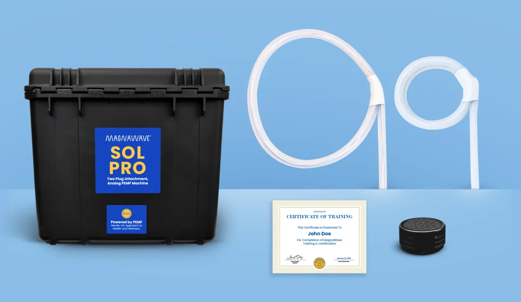 MagnaWavePEMF products Sol Pro, Large Loop, and Butterfly Loop with training certificates for MagnaWavePEMF certified practitioners, all part of a bundle